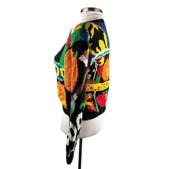 *Flawed The Eagles Eye Halloween Cardigan Sweater Hand Knit Candy Corn Buttons S - Picture 4 of 15